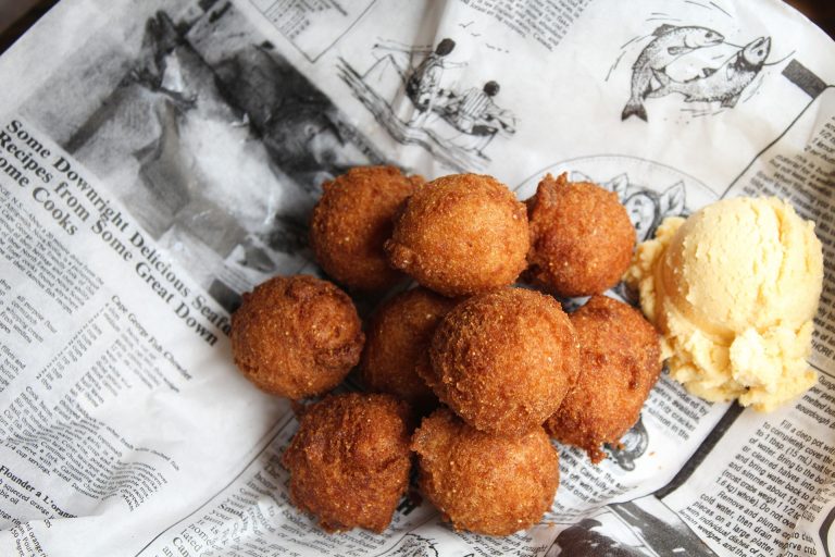 Golden hush puppies served at AW Shucks Seafood Shack in Charleston SC